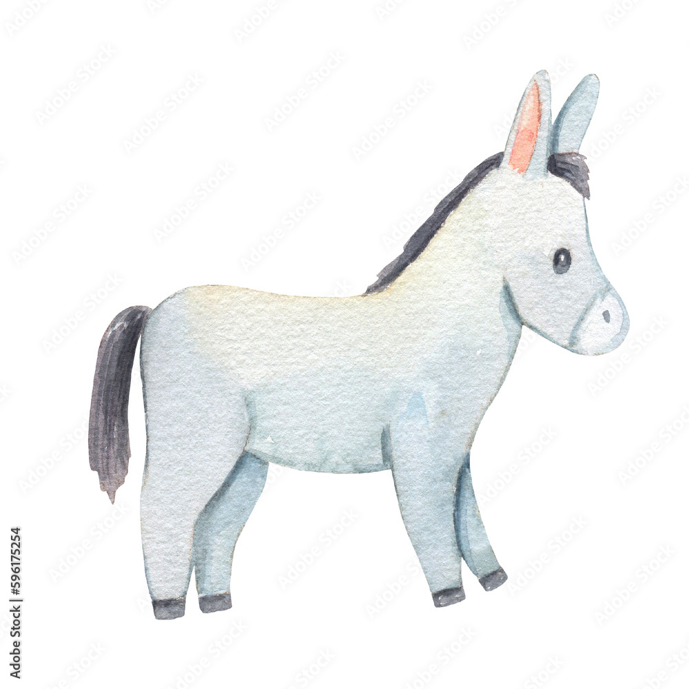Naklejka premium Cute donkey character isolated on white background. Childish watercolor illustration with farm animal for kids