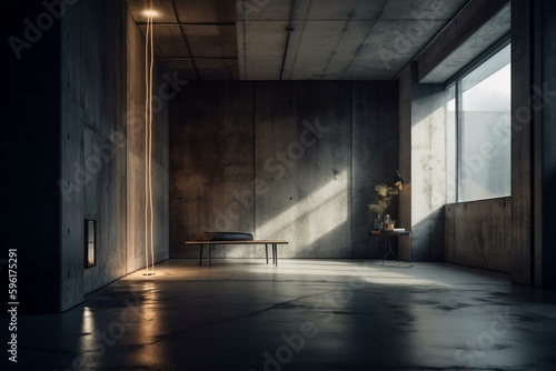 An abstract backdrop for an industrial interior with rough flooring  indirect lighting  and contemporary concrete walls. Generative AI