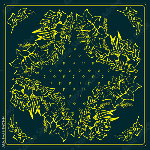 Botanical square pattern with tropical leaves and flowers. Hand-drawn vector.