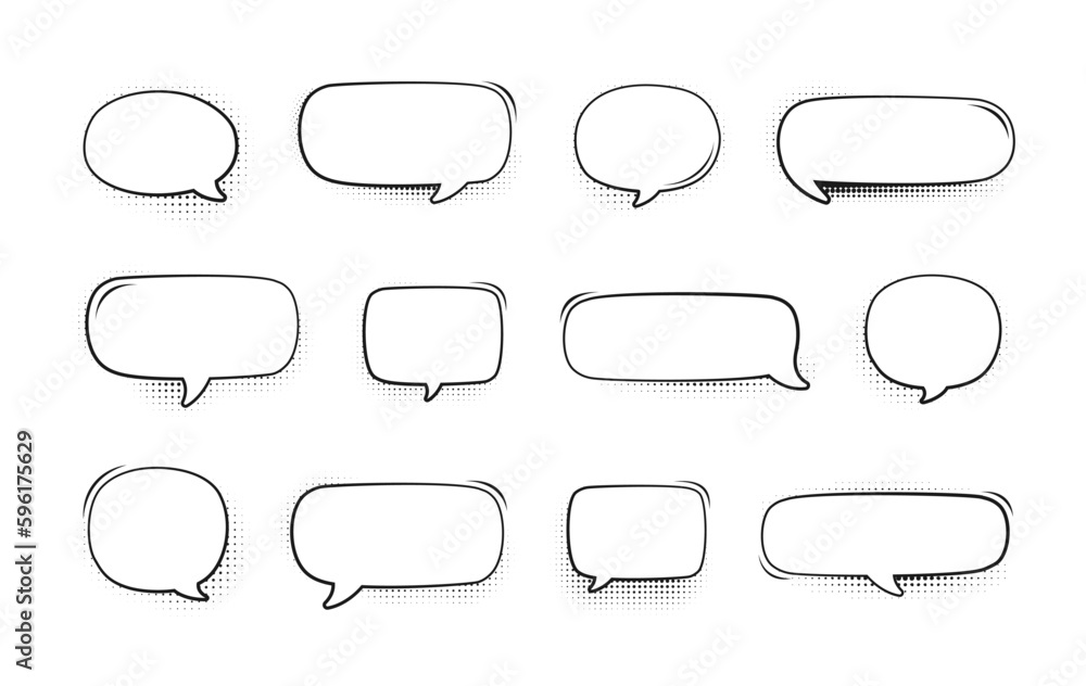 Retro empty comic bubbles set with black halftone shadows. Vector illustration, vintage design, pop art style Retro empty comic bubbles set with black halftone shadows. Vector illustration, vintage design, pop art style