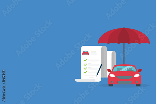 Car insurance document, report. Paper agreement checklist or loan checkmarks form list approved with automobile icon, vehicle financial, car dealership legal deal.