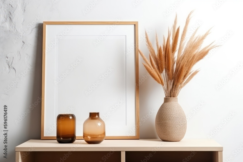 White frame mockup, vase and dried pampas grass in vase on wooden shelf against white wall, generative Ai