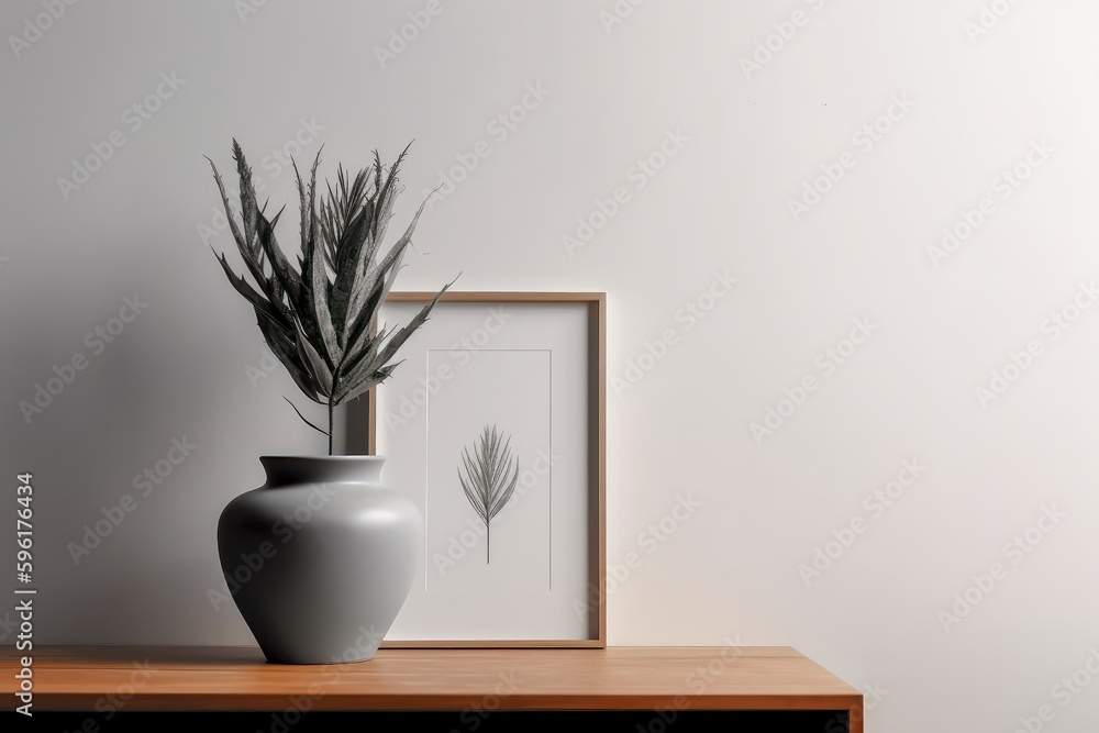 Interior design mockup. The minimalist interior design of living room with plant in vase and picture frame on wooden shelf, generative Ai