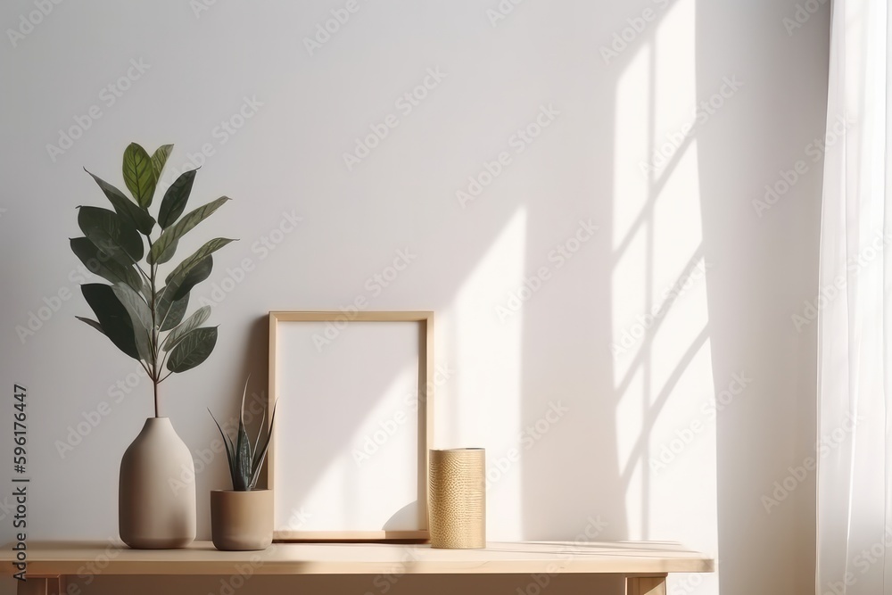 Interior of modern living room with white walls, wooden chest of drawers, plant in vase and frame mockup. 3d rendering, generative Ai Interior of modern living room with white walls, wooden chest of drawers, plant in vase and frame mockup. 3d rendering, generative Ai