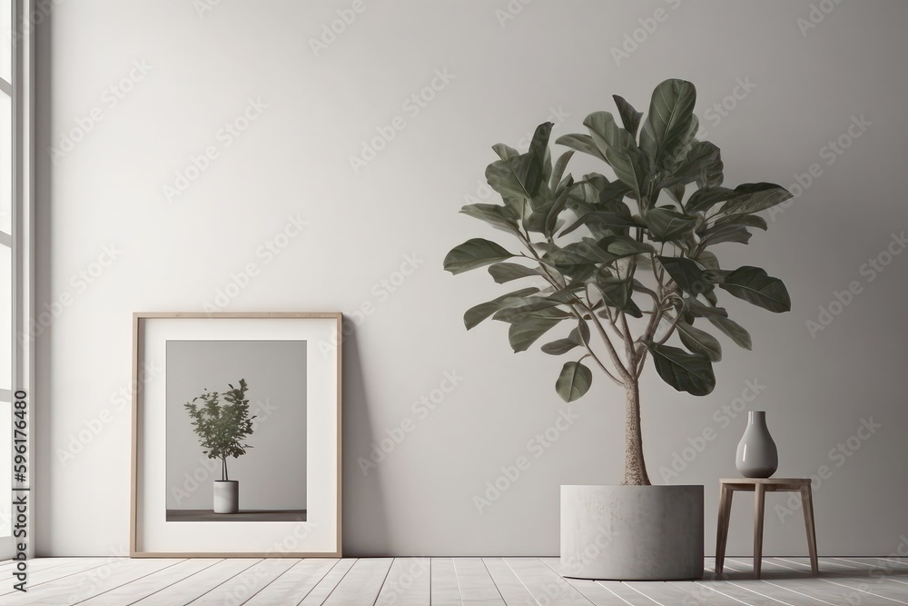 Interior of modern living room with plant in pot, mock up poster frame, 3D render, generative Ai
