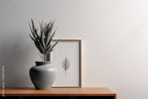 Interior design mockup. The minimalist interior design of living room with plant in vase and picture frame on wooden shelf  generative Ai