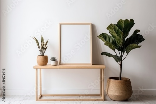 Mock up poster frame in modern living room interior background, Scandinavian style, generative Ai