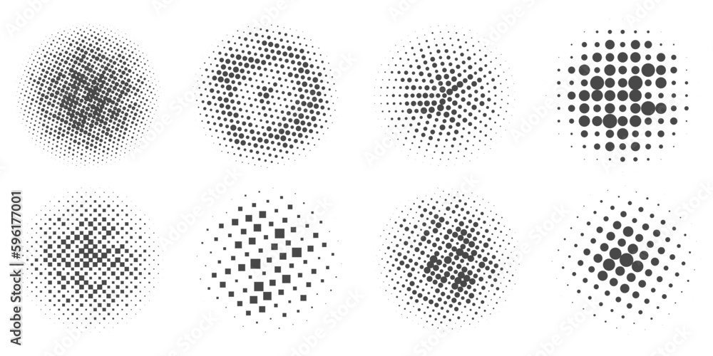 Circle dots with halftone pattern. Round gradient background. Elements with gradation points texture. Abstract geometric shapes. Vector set