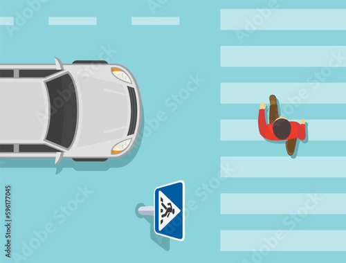 Male character crossing the street on crosswalk. Top view of two lane road with pedestrian crossing sign. Flat vector illustration template.