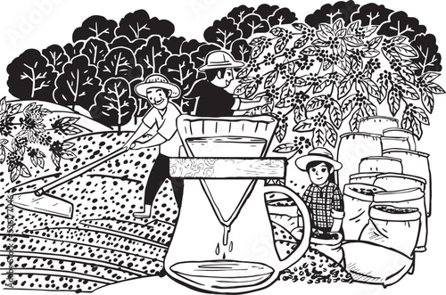 Farmer cartoon helping to collect coffee beans in mountain coffee plantation