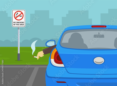 No smoking area sign. Driver smoking on outdoor parking. Close-up of hand with cigarette hanging out the car window. Back view. Flat vector illustration template.