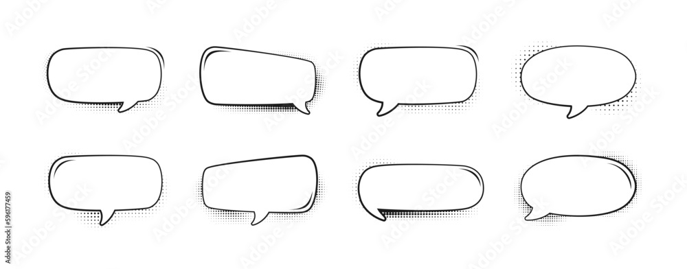 Retro blank comic speech bubbles set with black halftone shadows. Vector illustration, vintage design, pop art style Retro blank comic speech bubbles set with black halftone shadows. Vector illustration, vintage design, pop art style