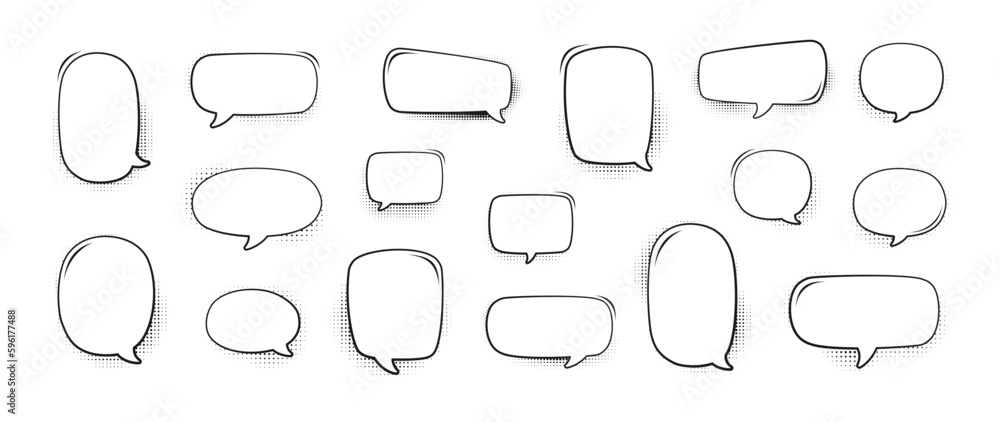 Retro blank comic speech bubbles set with black halftone shadows. Vector illustration, vintage design, pop art style Retro blank comic speech bubbles set with black halftone shadows. Vector illustration, vintage design, pop art style