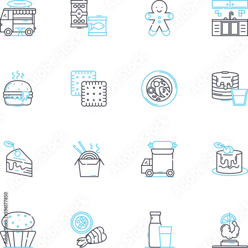 Ready meal linear icons set. Convenience, Nutrition, Flavorful, Quick, Easy, Variety, Microwaveable line vector and concept signs. Portable,Balanced,Healthy outline illustrations