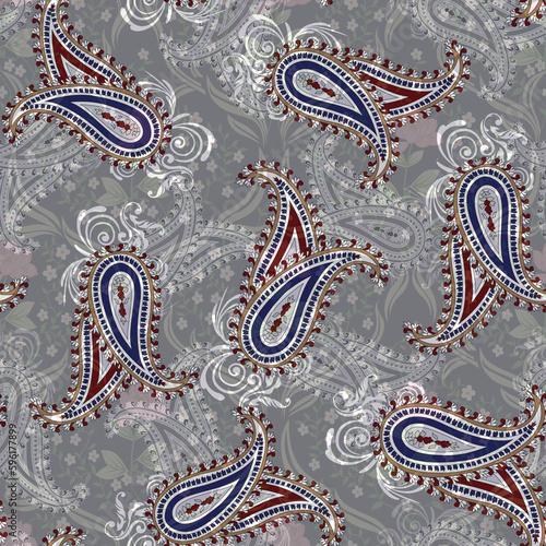 abstracted digital flower and paisley pattern on background