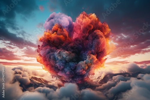 A heart-shaped formation of colorful clouds symbolizes everlasting affection. Generative AI