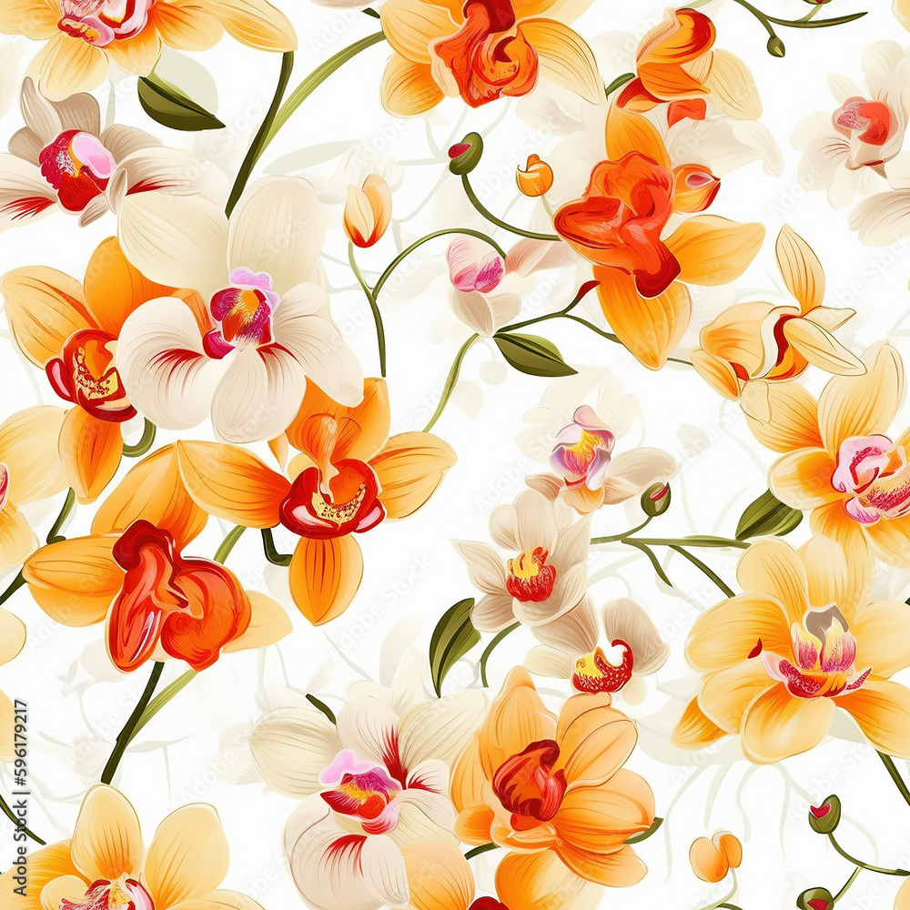 Seamless floral wallpaper with orchids in purple. yellow and grey.  Generative AI.