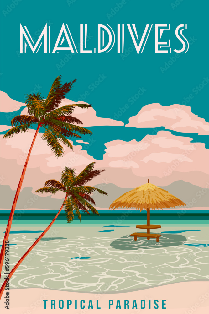 Travel poster Maldives tropical resort vintage