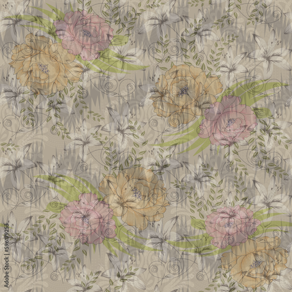 abstracted digital  flower and paisley   pattern on background