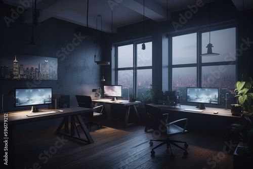 Eco coworking office with city view and modern computers, featuring blank white poster on dark wall. 3D rendering. Generative AI