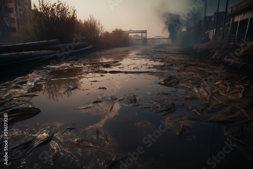 Toxic riverbanks inundated with sewage from smoking factories. Generative AI