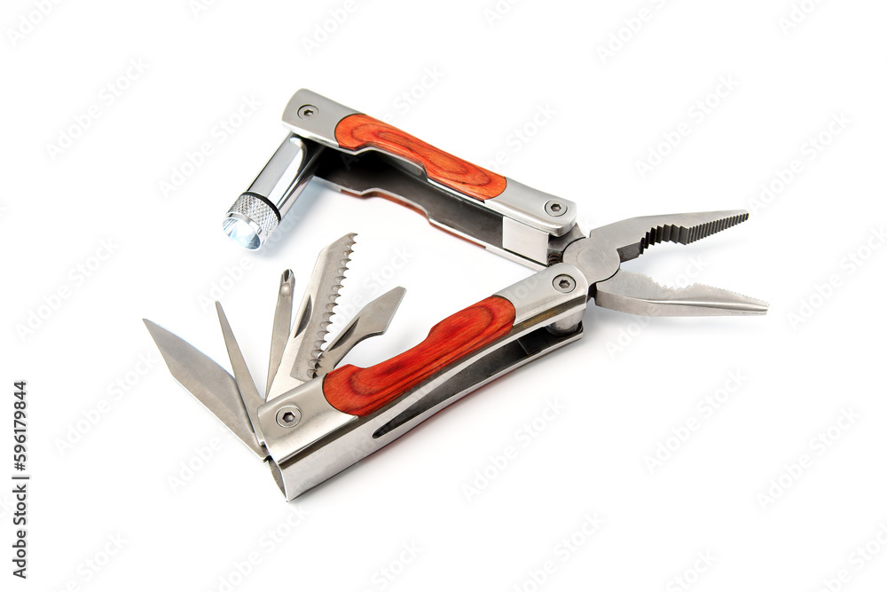 Multi-tools pliers with other tools and knife isolated on white. Tools transformer. Multi-tools pliers with other tools and knife isolated on white. Tools transformer.