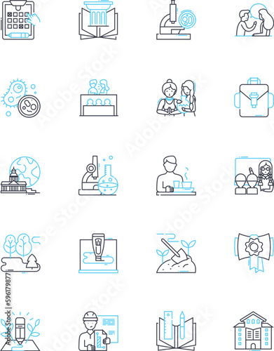 Primary school linear icons set. Education, Learning, Curriculum, Teacher, Classroom, Student, Playground line vector and concept signs. Friends,Socialization,Extracurricular outline illustrations