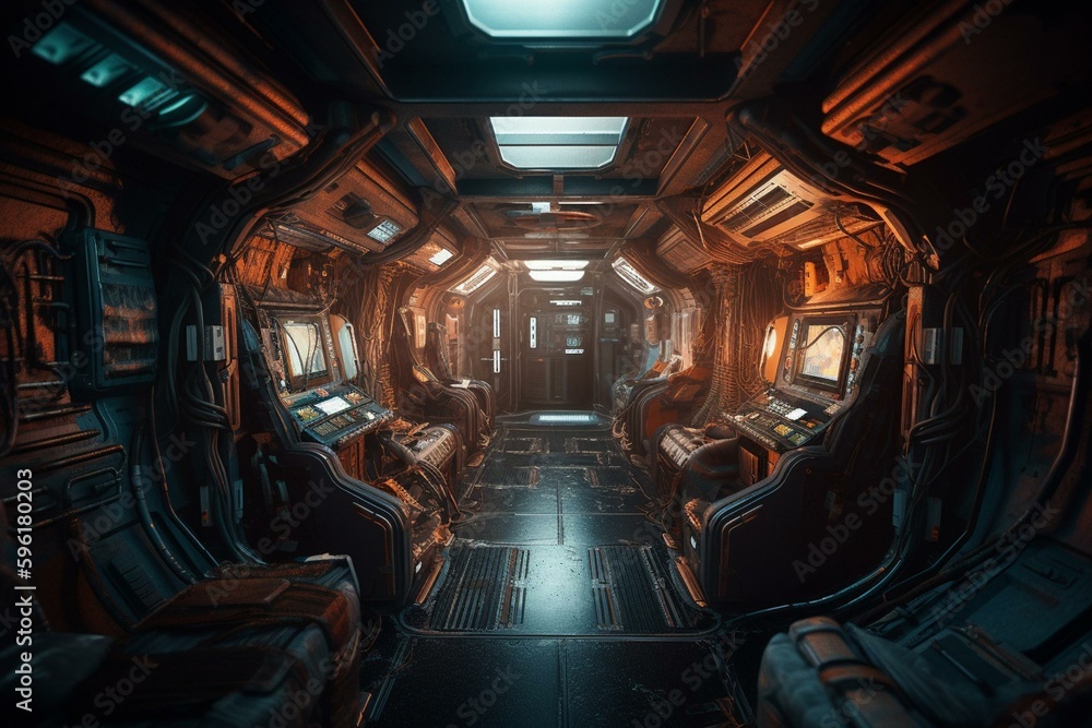 Illustration of sci-fi spaceship's interior. Generative AI