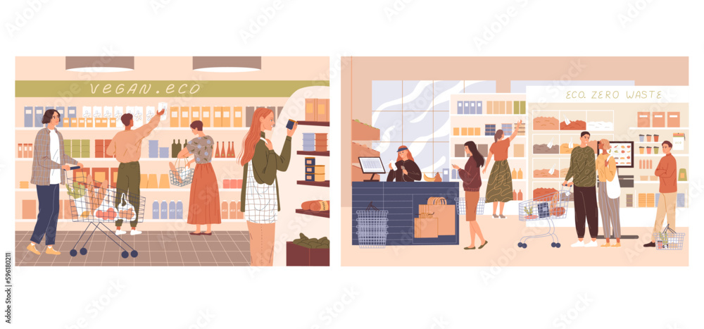 People in the supermarket buying groceries Vector illustration