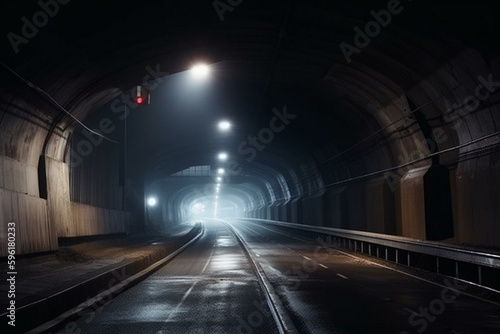 Dark winter night tunnel under bridge. Generative AI