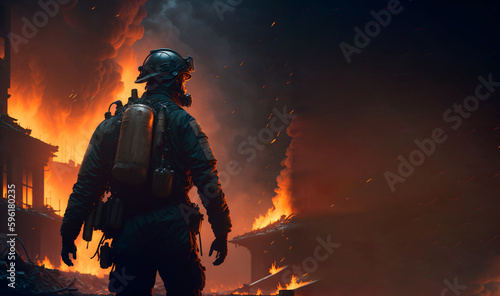  firefighter standing looking at the fire, in the background some buildings and houses burning in the middle of the darkness
