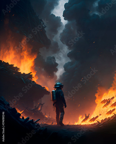  firefighter standing alone in the middle of a fire surrounded by fire