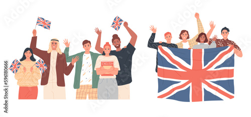 Group of people holding the British flags. Learn English