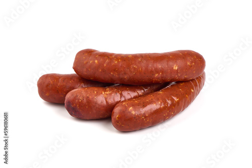 Smoked bbq sausages for grill, isolated on a white background.