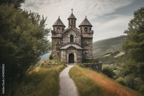 The Saint-Pée-sur-Nivelle church of Saint-Pierre in Pyrénées-Atlantiques is a religious monument and landmark of Christianity in a beautiful outdoor landscape. Generative AI
