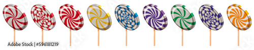 Set of Lollipop Swirl Candy Spiral Isometric. Sweet spiral striped caramel, on stick, vector cartoon style