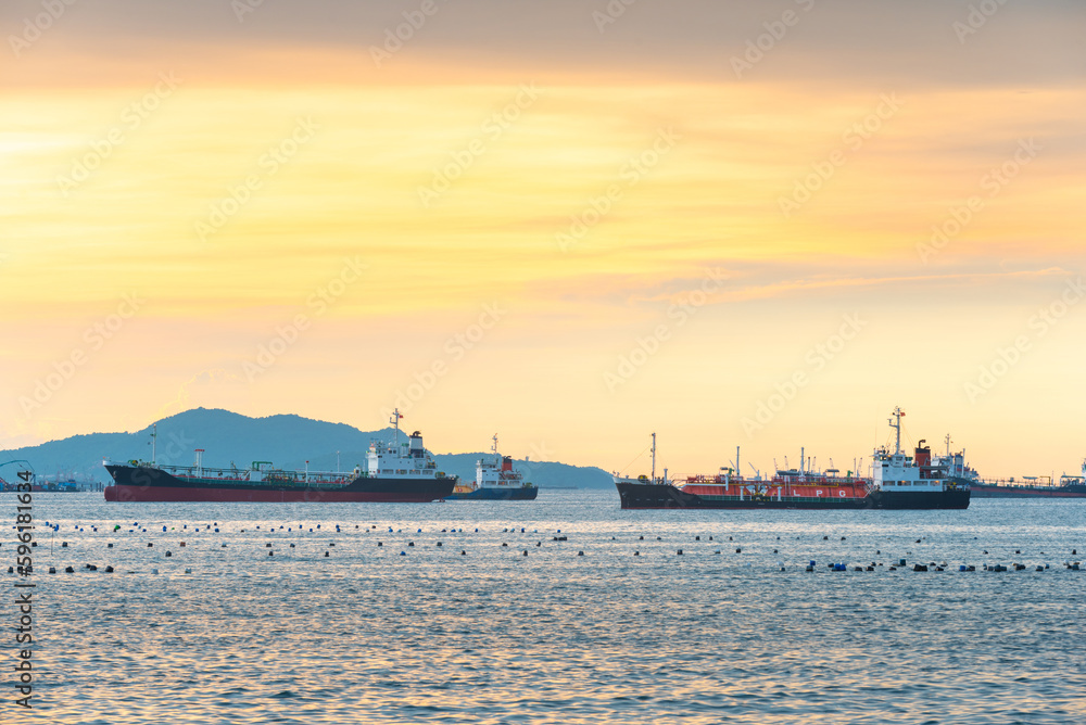 Oil and gas tankers waiting to be loaded at sea