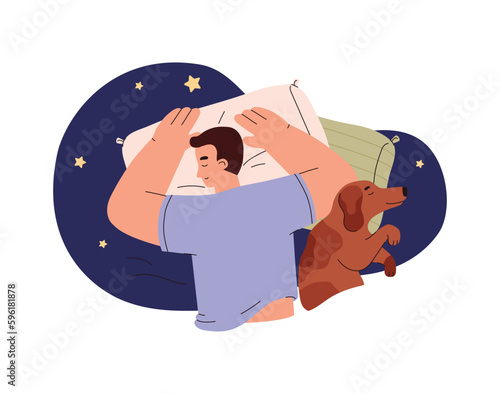 Banner or sticker with pet and its owner sleeping, flat vector isolated.