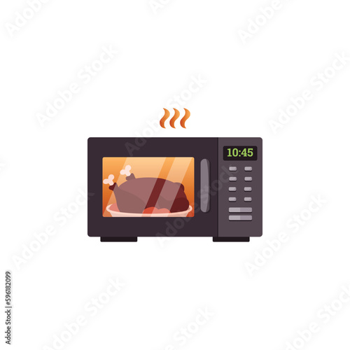 Chicken cooking in microwave oven, flat vector illustration isolated on white background.