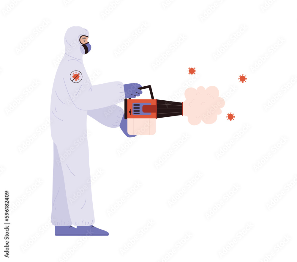 Person in hazmat suit using professional tool to disinfect viruses, flat vector illustration isolated on white background. Person in hazmat suit using professional tool to disinfect viruses, flat vector illustration isolated on white background.