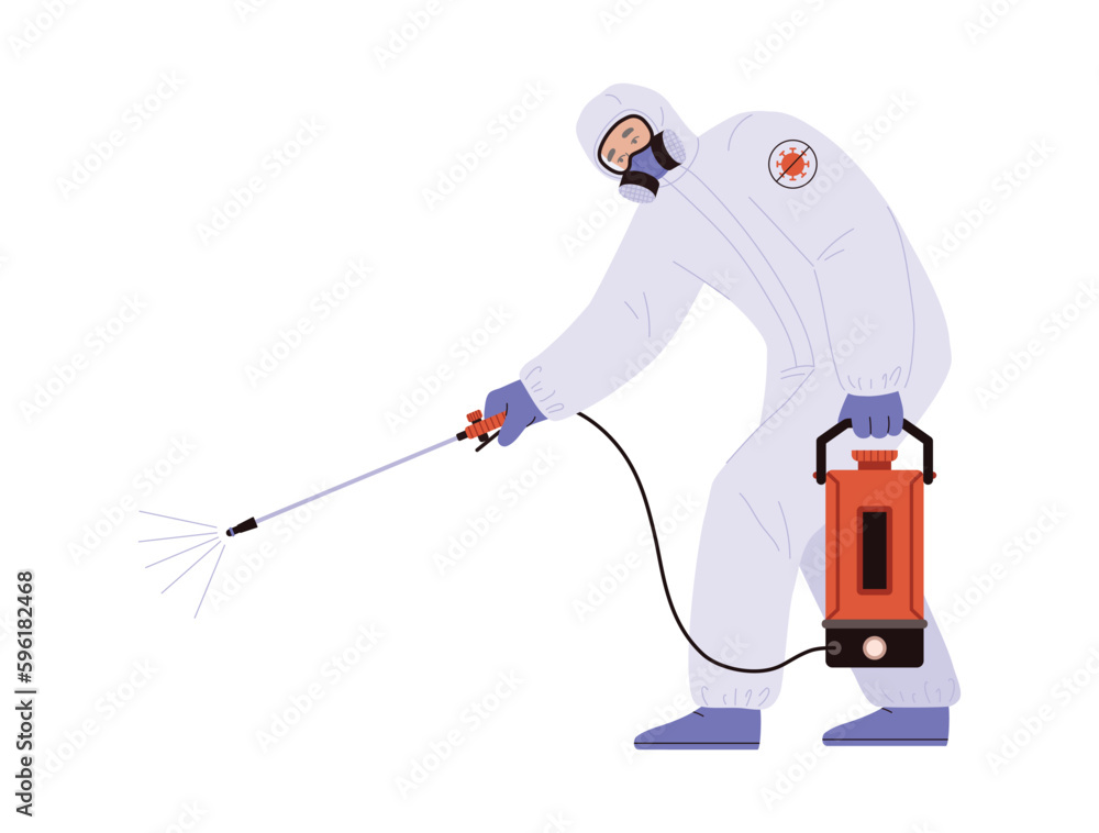 Man in protective suit bent over and disinfects with special equipment flat style