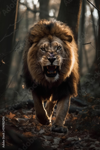 Wild lion roaring aggressively. Jungle forest savannah running generative ai