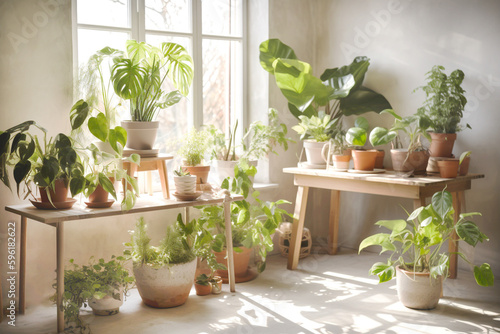 House plants in interior. Collection of house plants in flower pots in rays of sunlight. Close-up. Generated AI