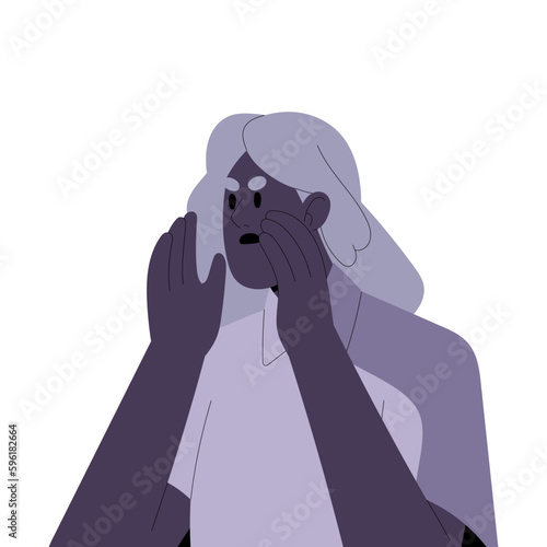 Angry aggressive discontent person shouting with hands at mouth. Furious annoyed irritated woman calling, speaking with gloomy expression. Flat vector illustration isolated on white background