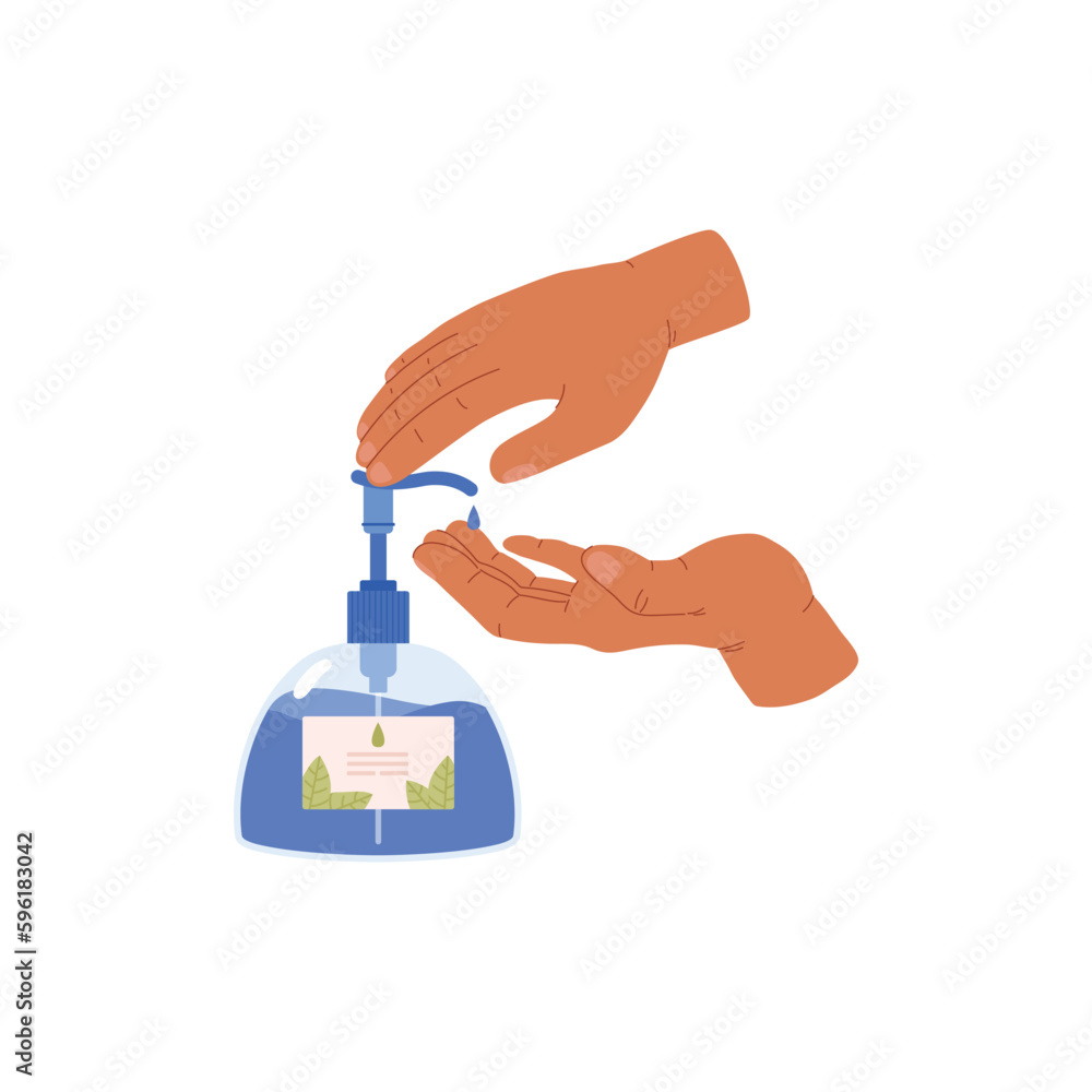 Hands using antiseptic to disinfect hands, flat vector illustration isolated. Hands using antiseptic to disinfect hands, flat vector illustration isolated.