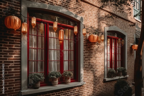 Festive lanterns adorn brick house with red shutters. Generative AI © Caledonia