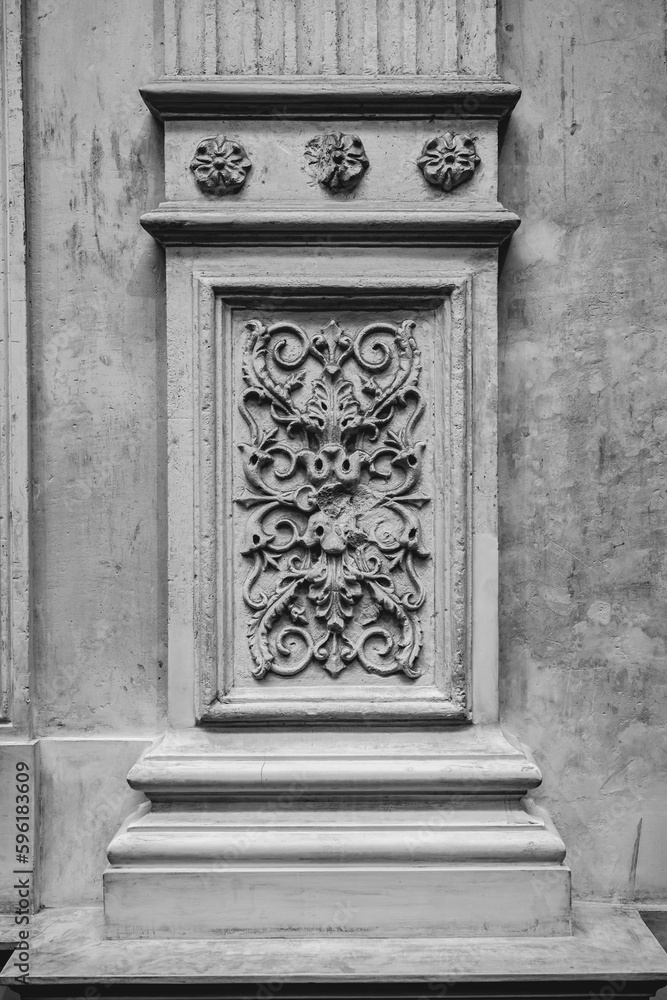 Intricate ornamentation, ornate, pillars, arches and neoclassical architecture on walls of abandoned palace: a journey through art and time (in black and white) Intricate ornamentation, ornate, pillars, arches and neoclassical architecture on walls of abandoned palace: a journey through art and time (in black and white)