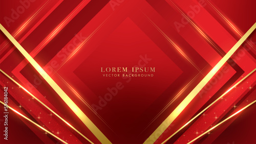 Red square shapes with diagonal golden line, shiny dots and sparkling glittering light effects elements. Luxury style vector design