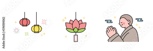Buddha’s Birthday. Lotus Lantern Festival, lotus lanterns, praying monk.