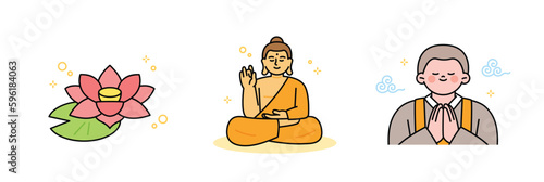 Buddha’s Birthday. Lotus flower, Buddha statue and praying monk.